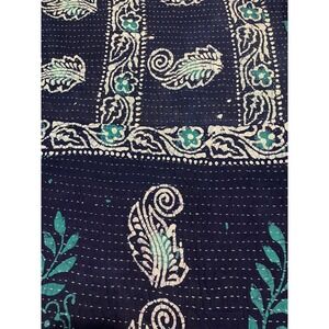 Reversible Kantha Quilt Red Navy Blue Paisley Floral Hand Stitched Cotton Throw